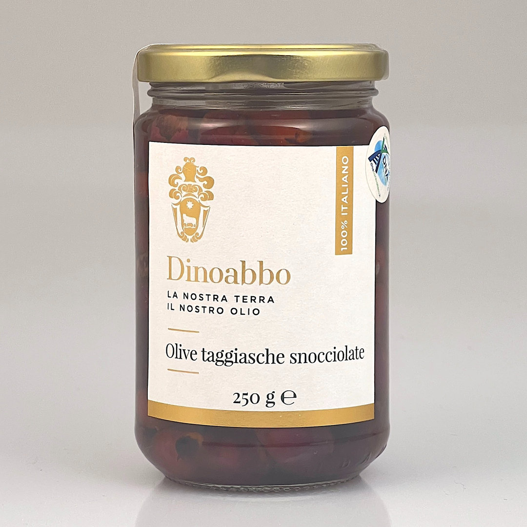 Taggiasca-Oliven 250 g netto entsteint in Taggiasca-Olivenöl - Dinoabbo
