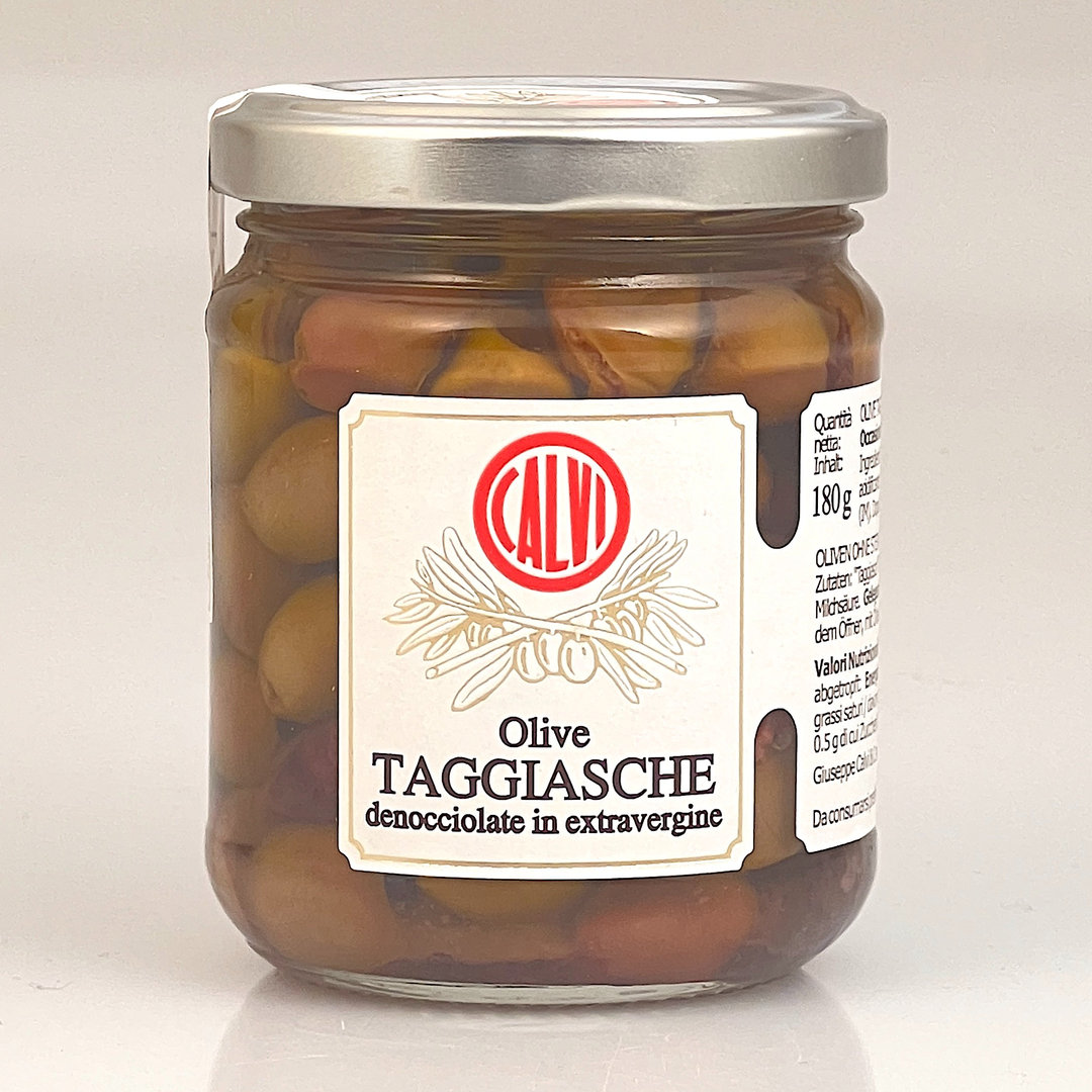 Entsteinte Taggiasca Oliven 180 g netto in nativem Olivenöl Extra - Olio Calvi