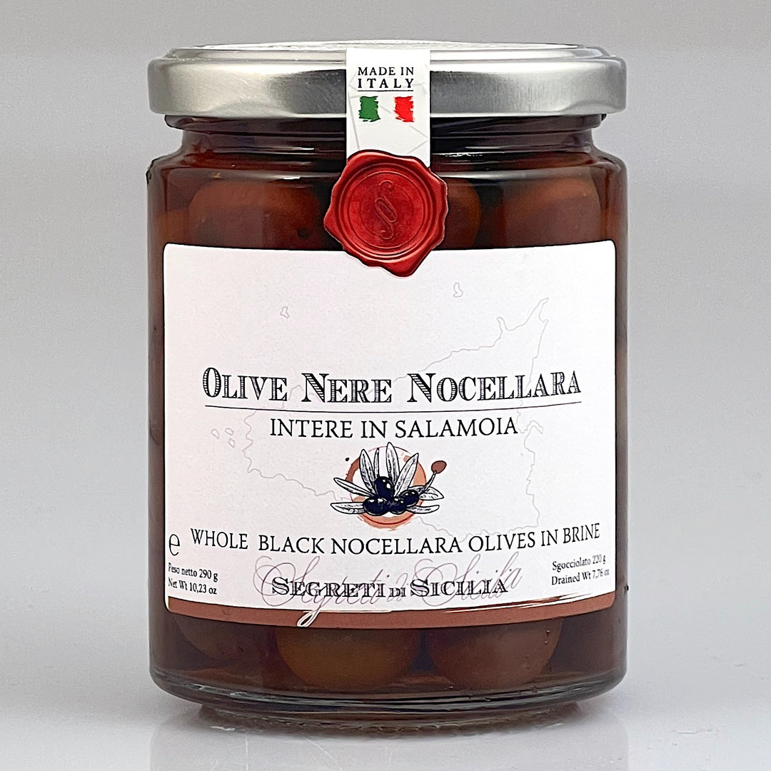Ganze schwarze Nocellara Oliven in Salzlake 290/220 g - Cutrera